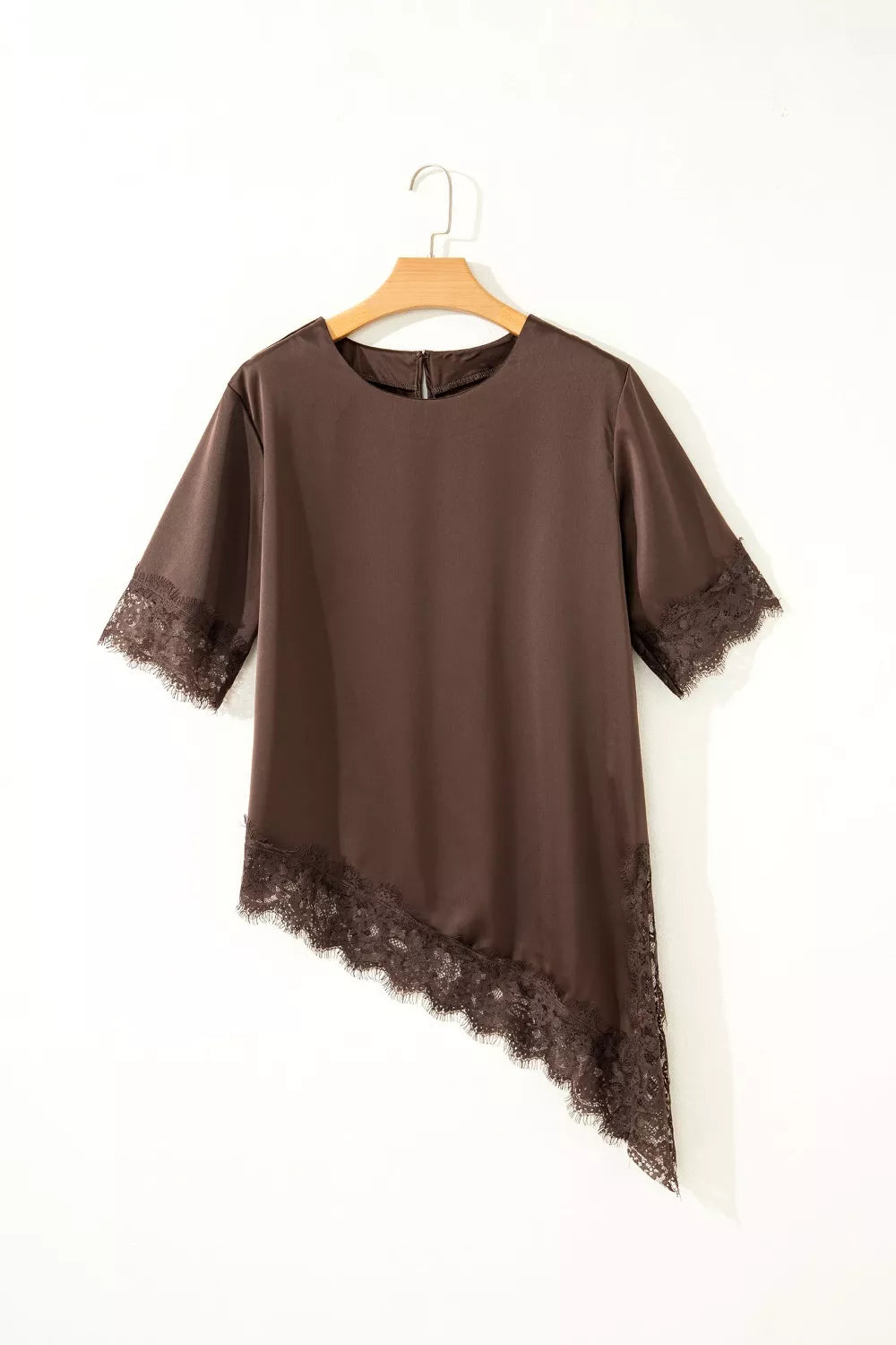 Asymmetric Lace Trim Short Sleeve Satin Top