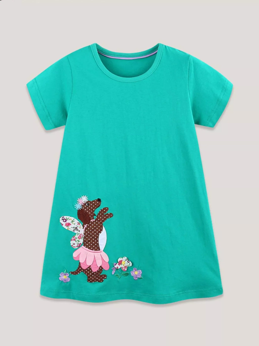 Children's Dog Embroidered Round Neck Dress