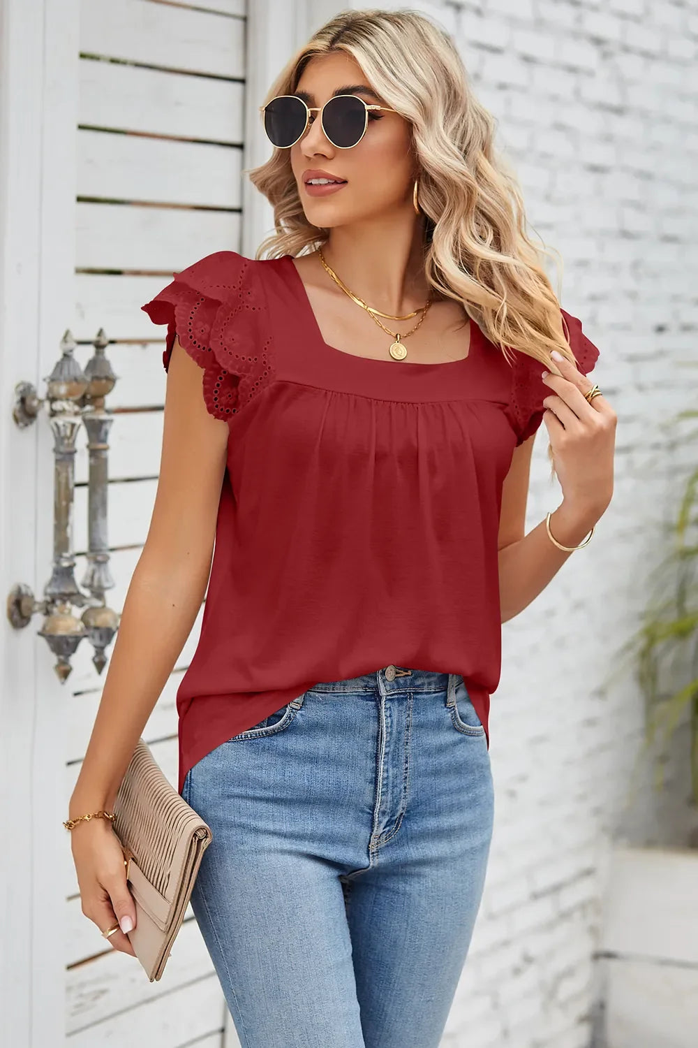 Eyelet Square Neck Cap Sleeve Blouse