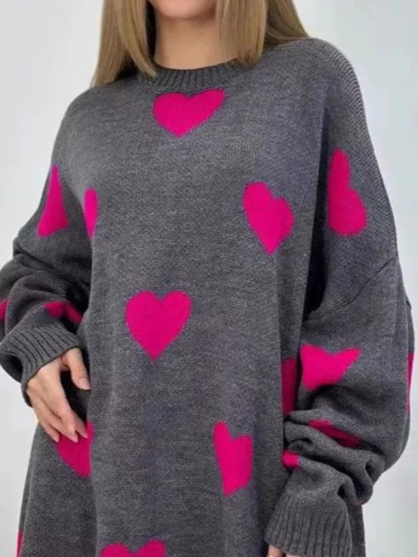 Heart Round Neck Oversized Knit Sweater