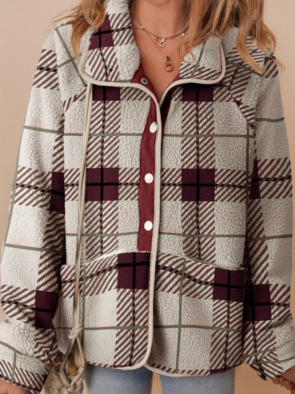 Plaid Buttoned Stand Collar Fleece Jacket