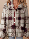 Plaid Buttoned Stand Collar Fleece Jacket