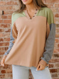 Color Block Thermal Textured Knit Drop Shoulder Henley Top