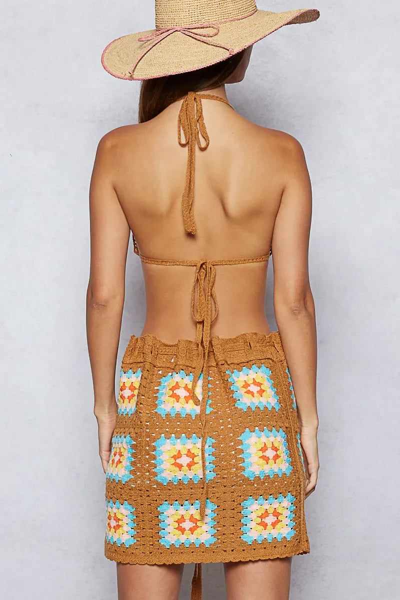 POL Crochet Halter Neck Cami and Skirt Sweater Set