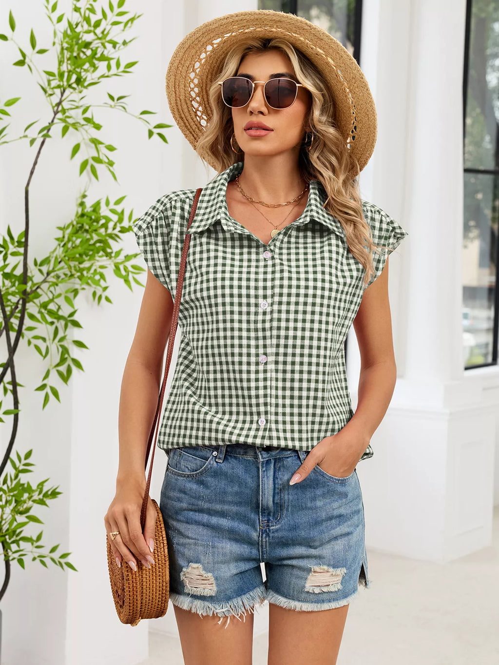 Plaid Button Up Cap Sleeve Shirt