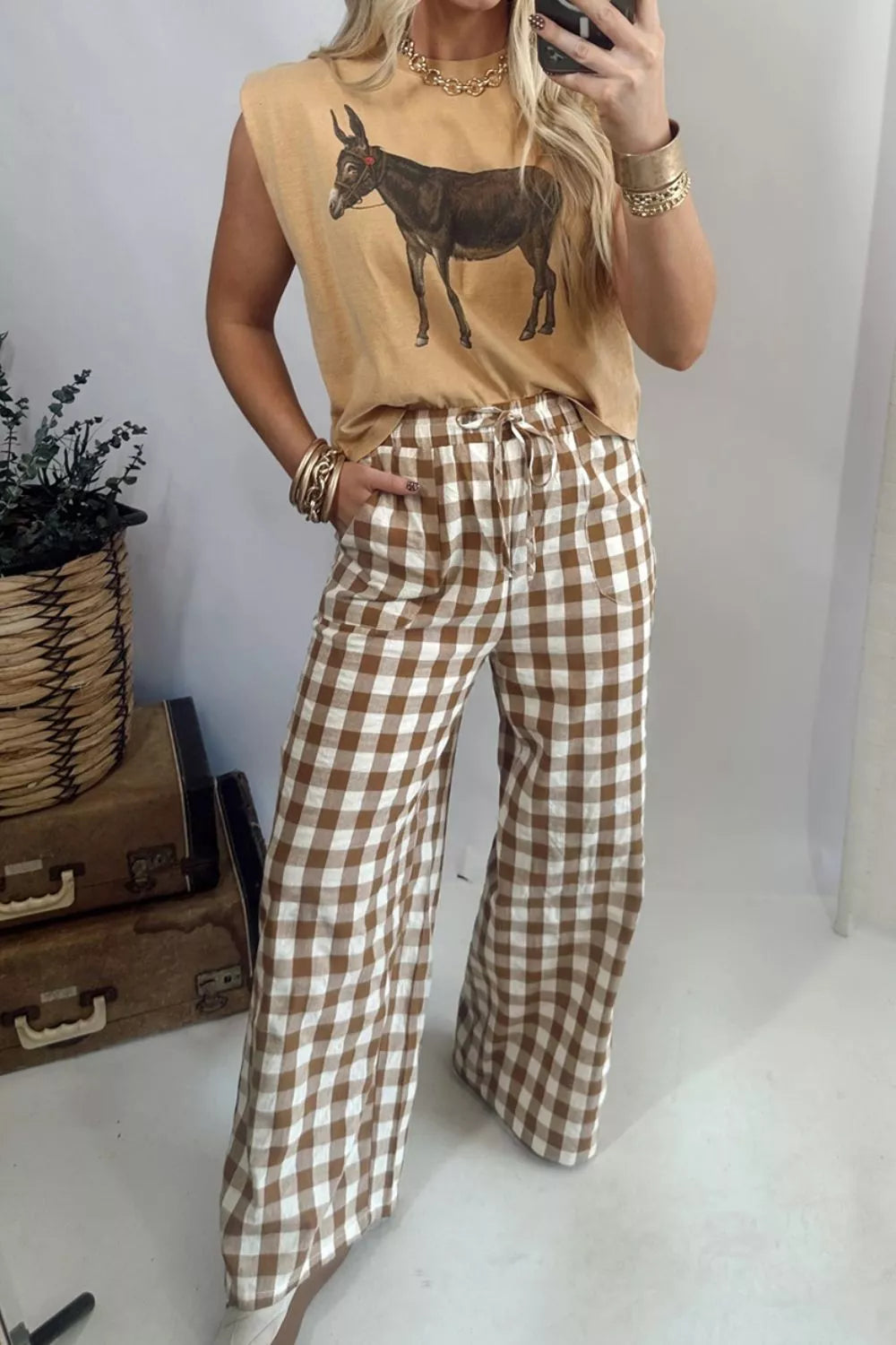 Gingham Plaid Tie Elastic Waist Shift Pants