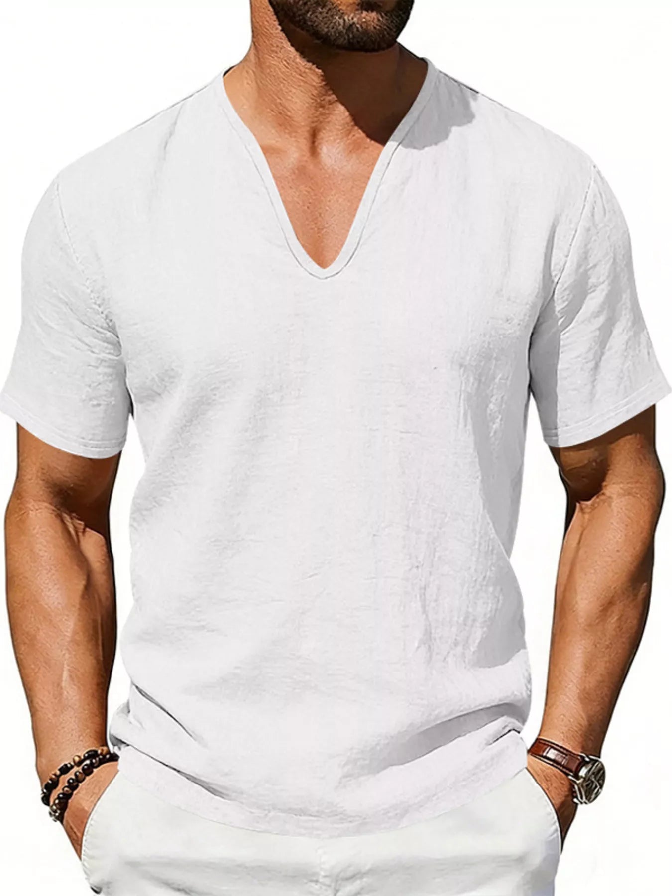 Men's Full Size Casual V-Neck Linen T-Shirt Plus Size