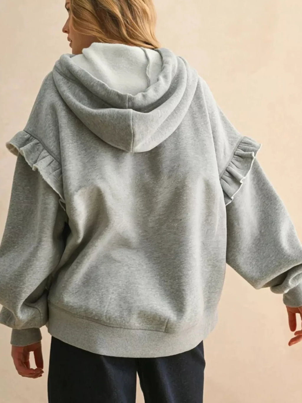 Contrast Rope Drawstring Ruffle Trim Drop Shoulder Baggy Hoodie