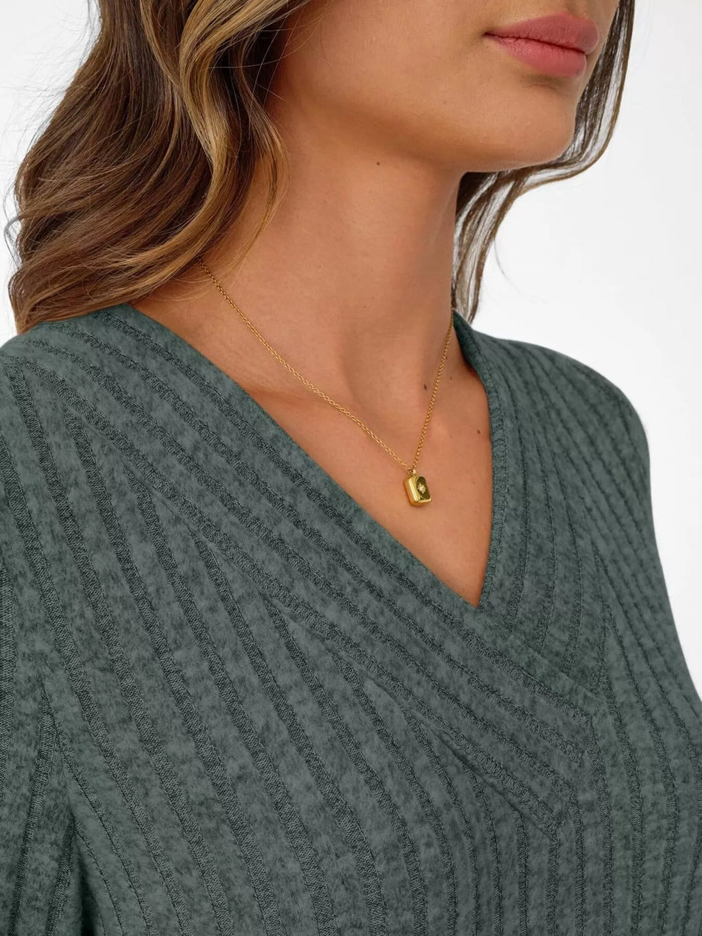 Ribbed Knit V-Neck Long Sleeve T-Shirt
