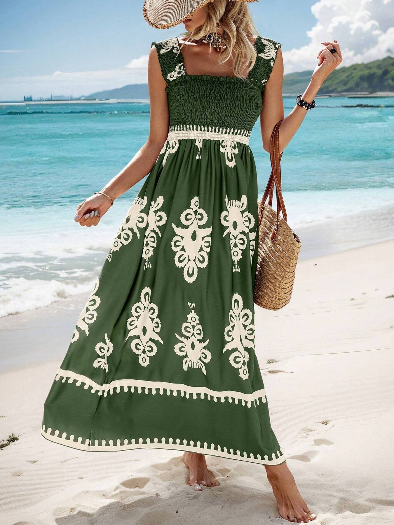 Smocked Bodice Colorful Print Tank Dress