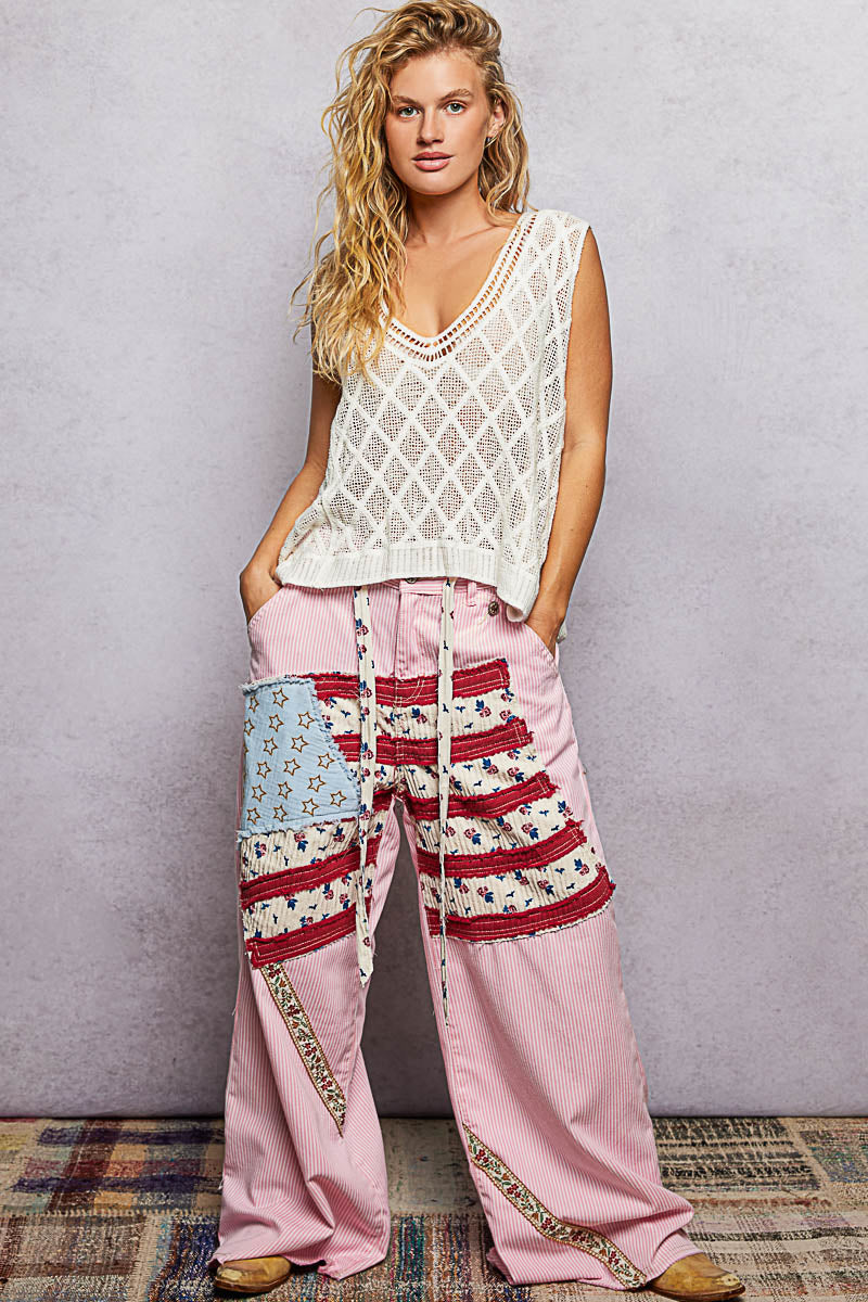 POL V-Neck Crochet Tank with Diamond Weave Knit Patterns