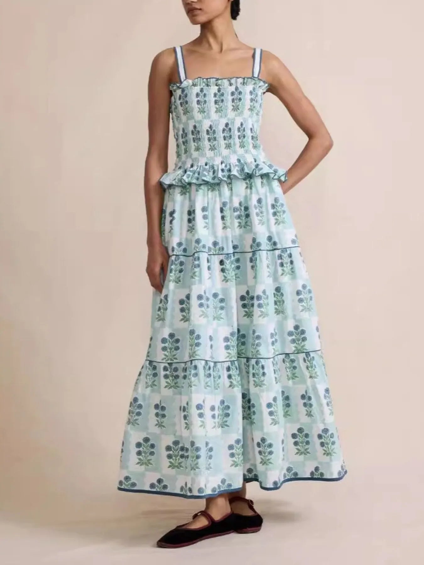 Smocked Ruffled Square Neck Maxi Dress