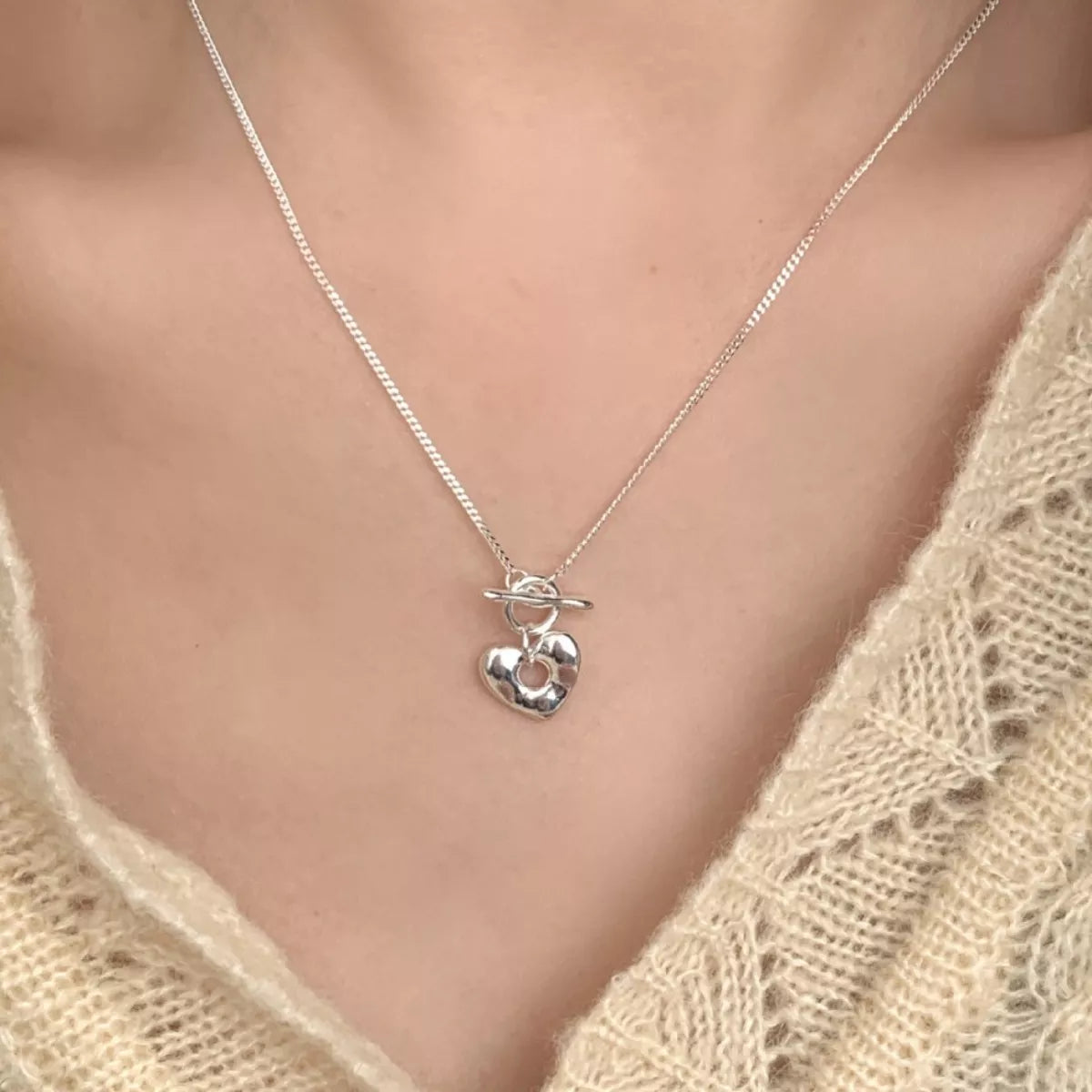 925 Sterling Silver Heart Toggle Clasp Necklace