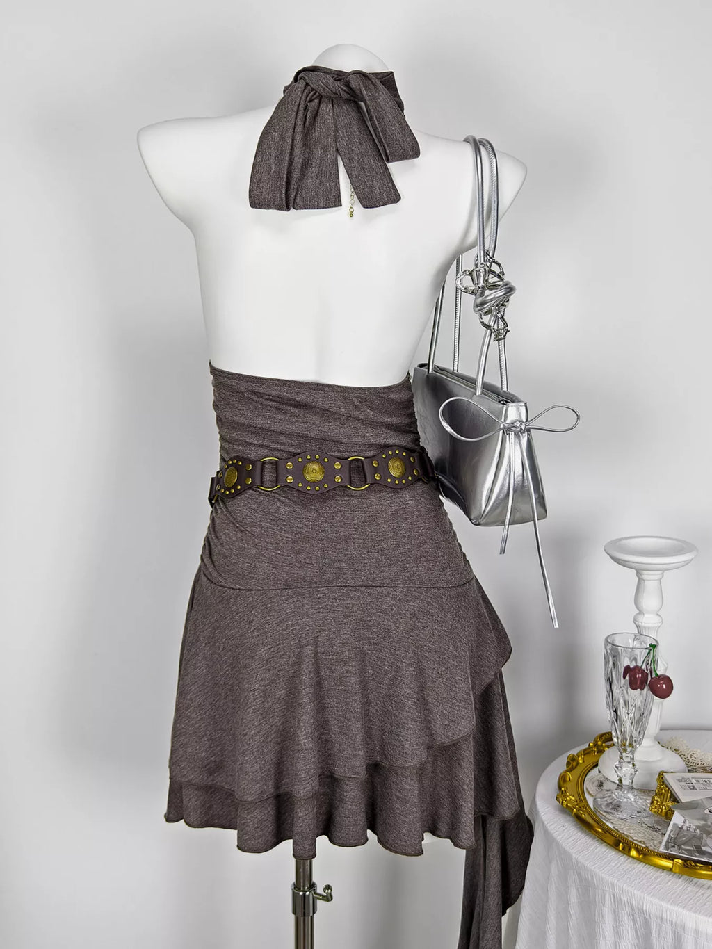 Studded Halter Neck Ruffle Hem Mini Dress