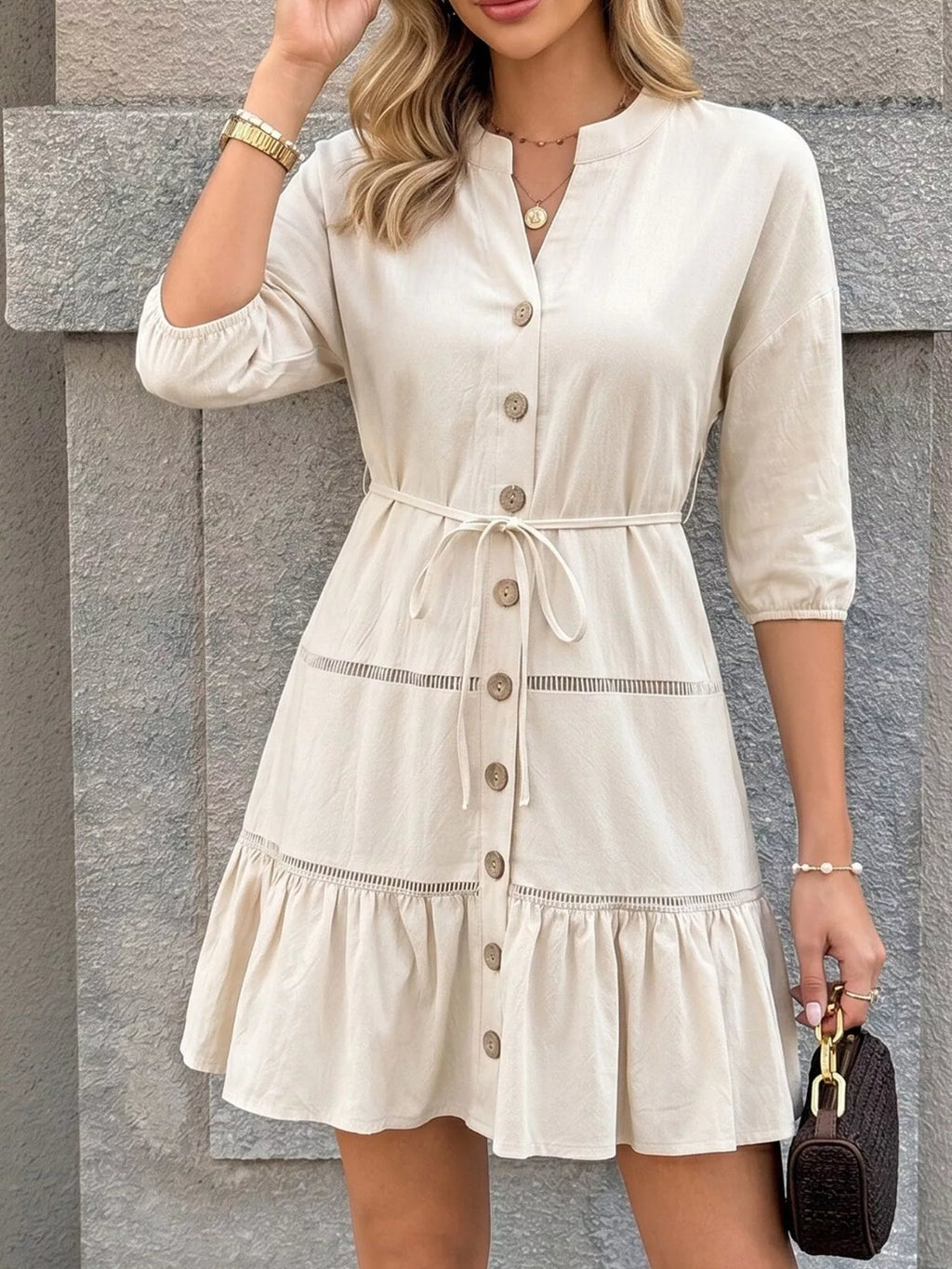 Button-Front Ruffle Hem Mini Dress