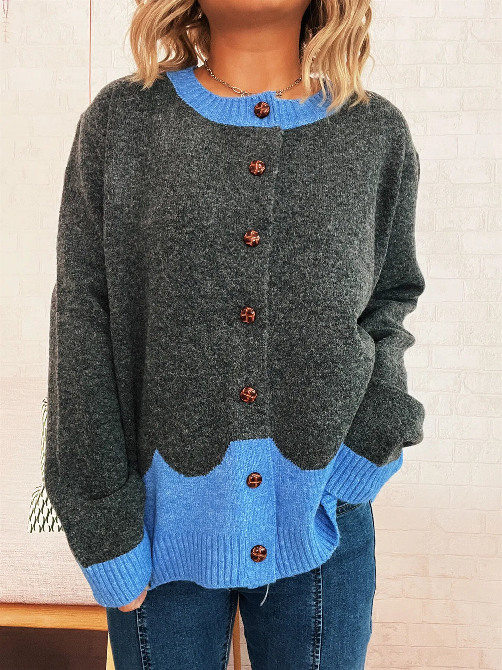 Button-Front Contrast Trim Cardigan