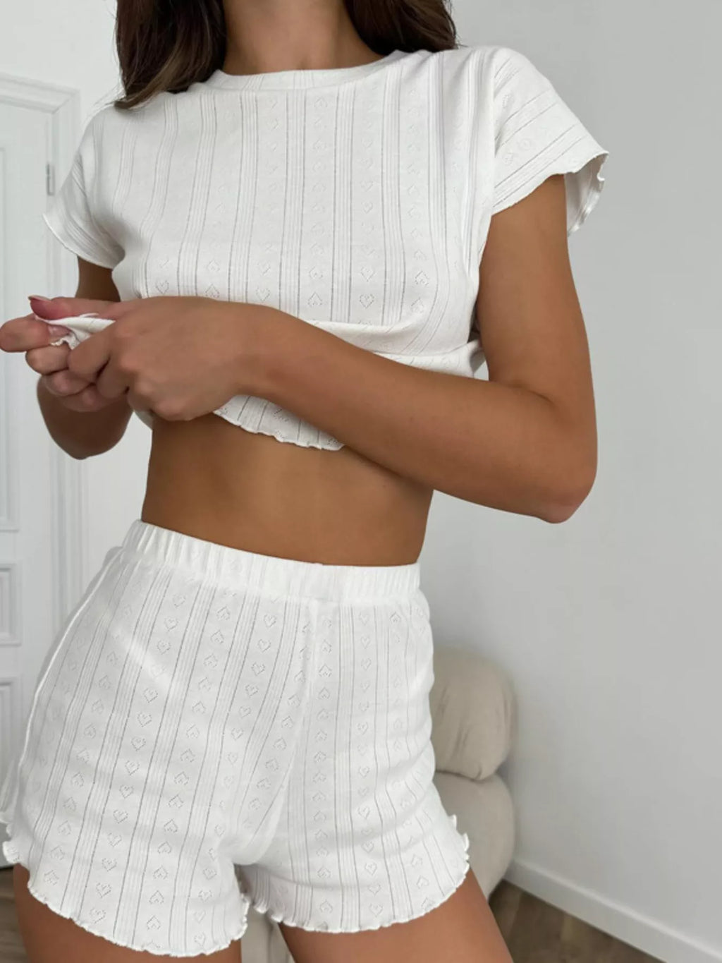 Ribbed Knit Short Sleeve Top and Shorts Lounge Set