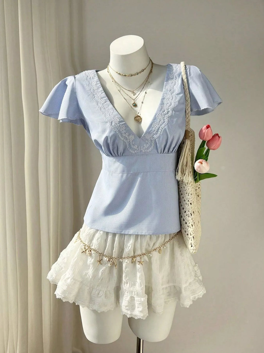 Lace Trim V-Neck Blouse