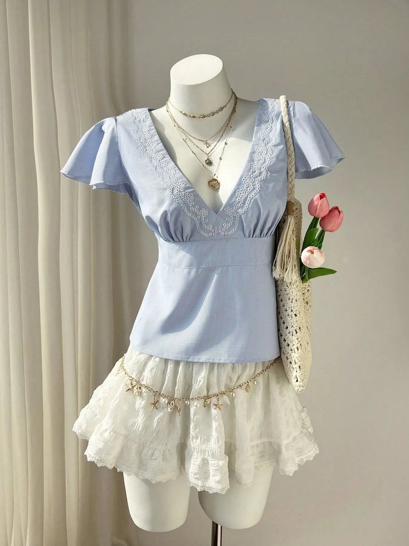 Lace Trim V-Neck Blouse