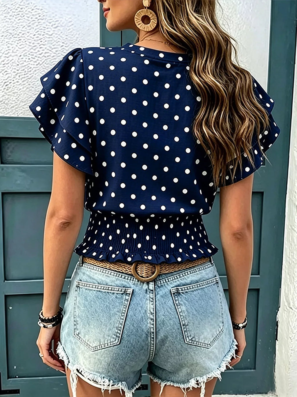 Polka Dot Ruffle Sleeve Blouse