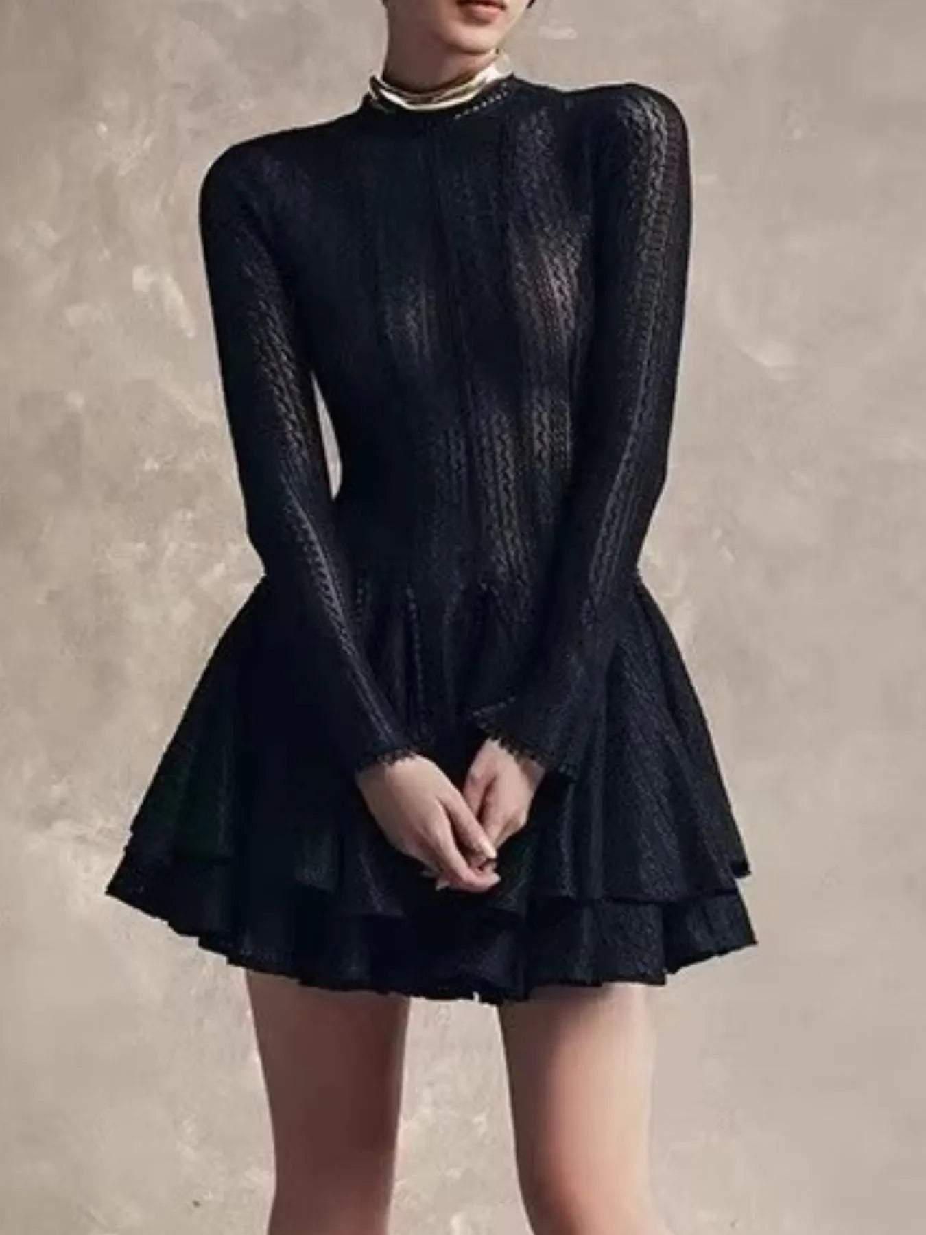 Layered Round Neck Long Sleeve Dress