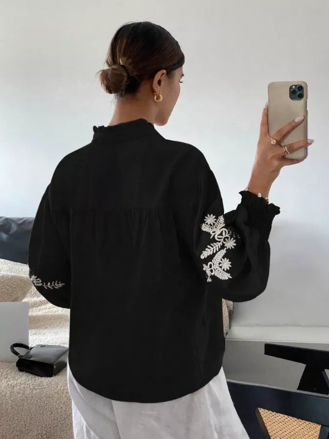 Embroidered Notched Long Sleeve Blouse