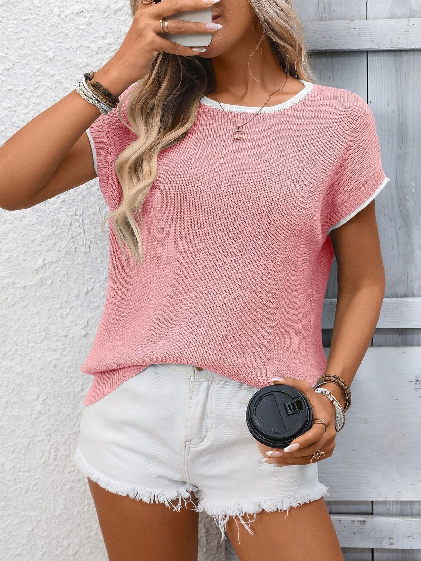 Contrast Trim Short Sleeve Sweater