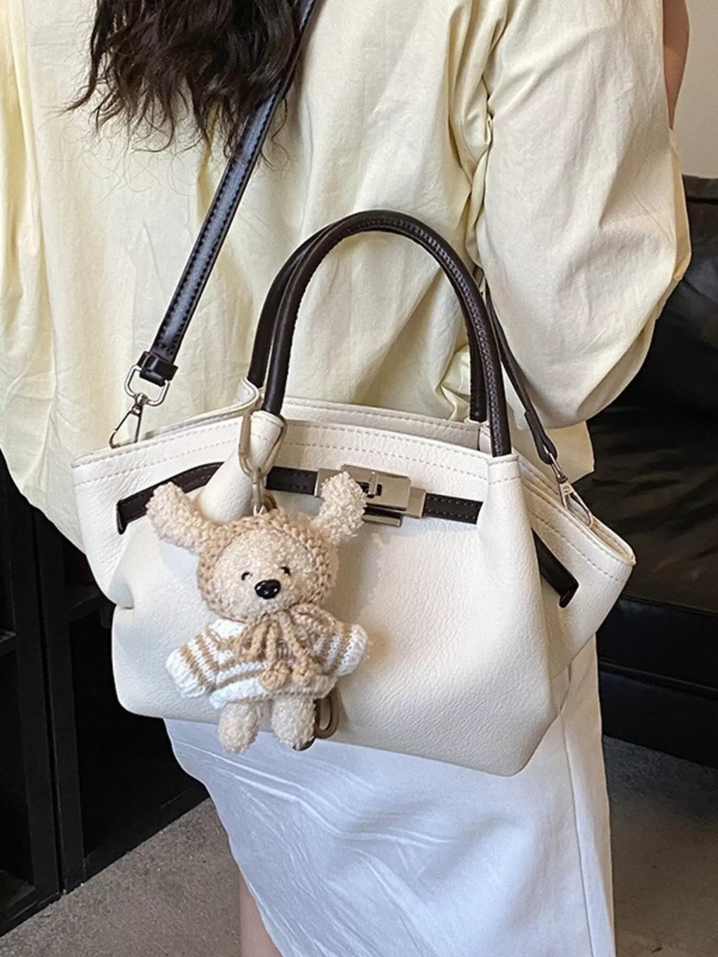 Buckle Decor Crossbody Bag with Bear Charm