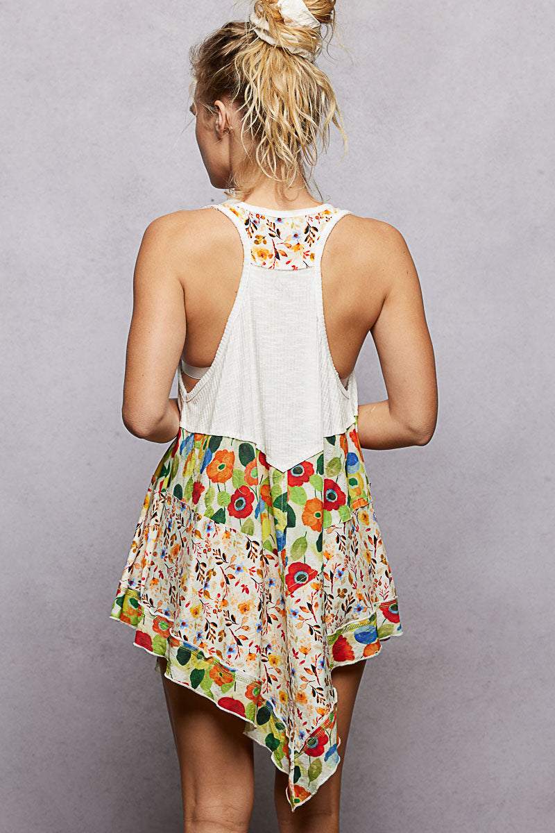 POL Round Neck Ribbed Tank with Woven Print Patch