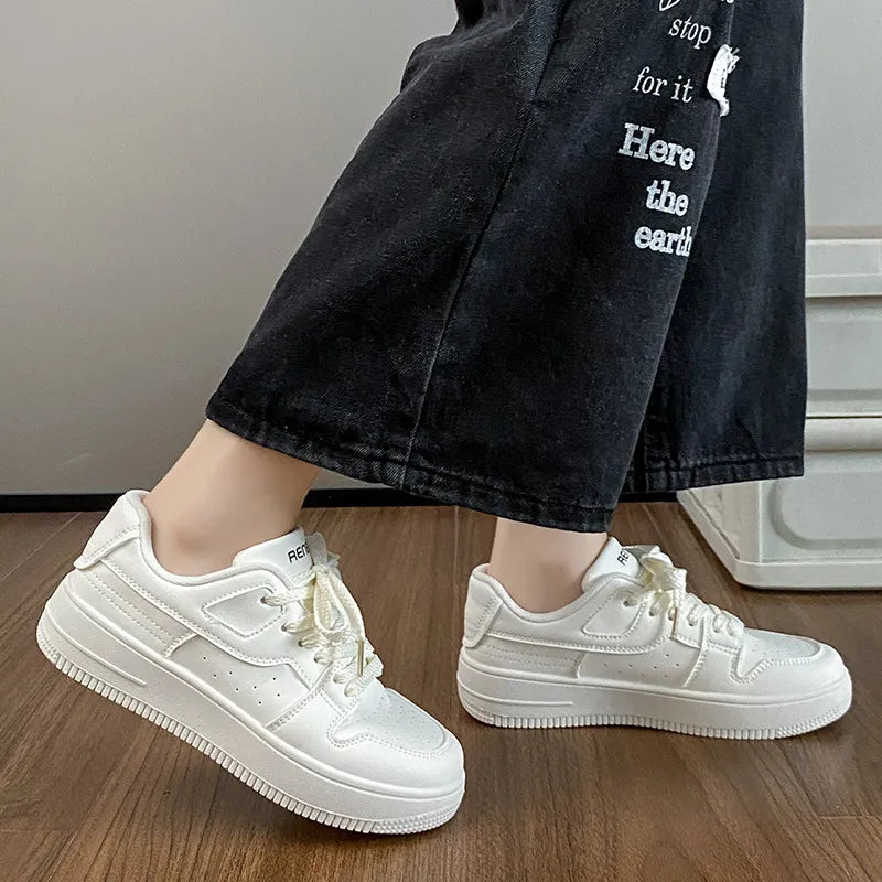 Beige PU Leather Lace Up Platform Sneakers