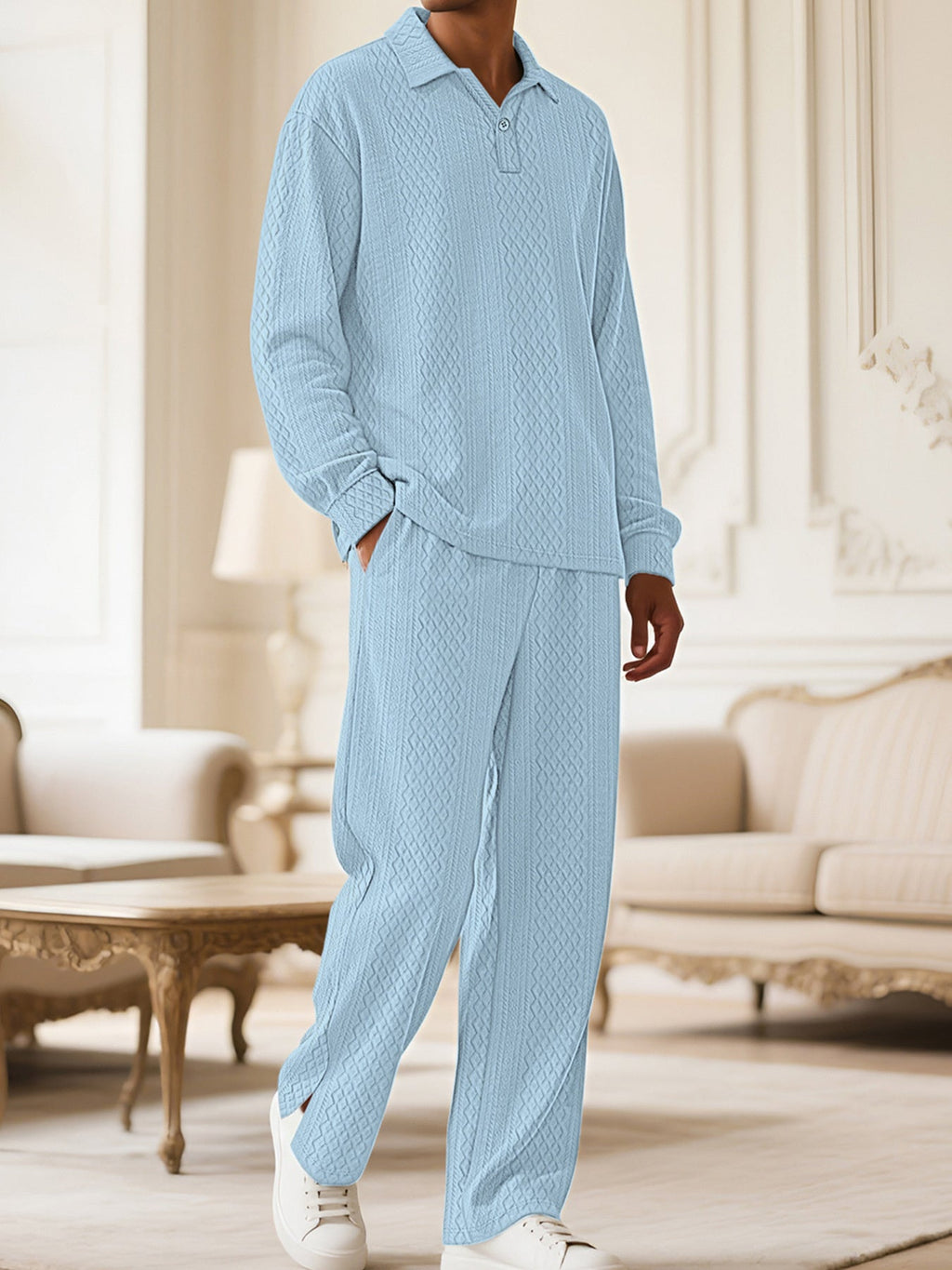 Men's Full Size Textured Long Sleeve Top and Pants Set Plus Size