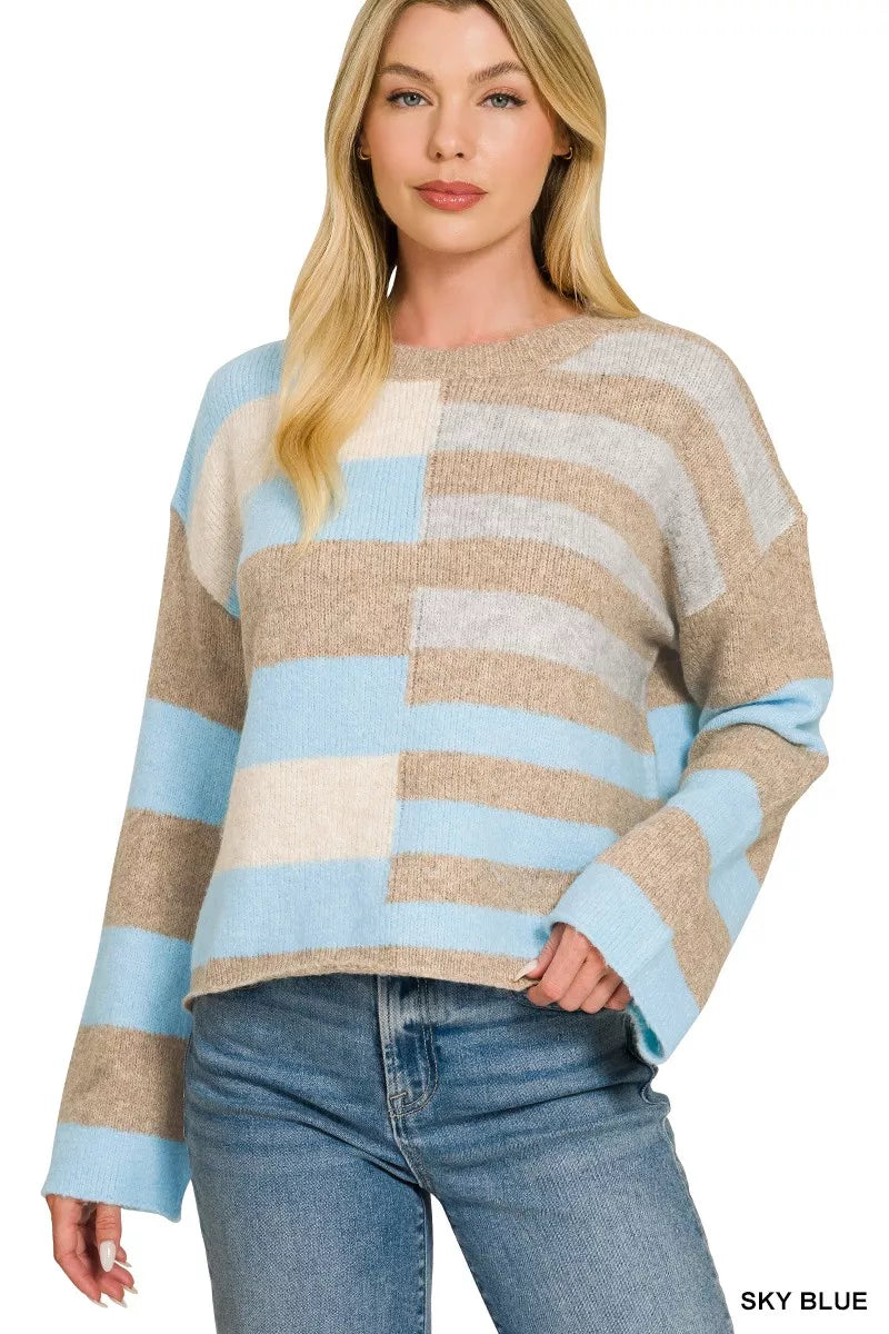 Zenana Lightweight Wool Blend Color Block Sweater