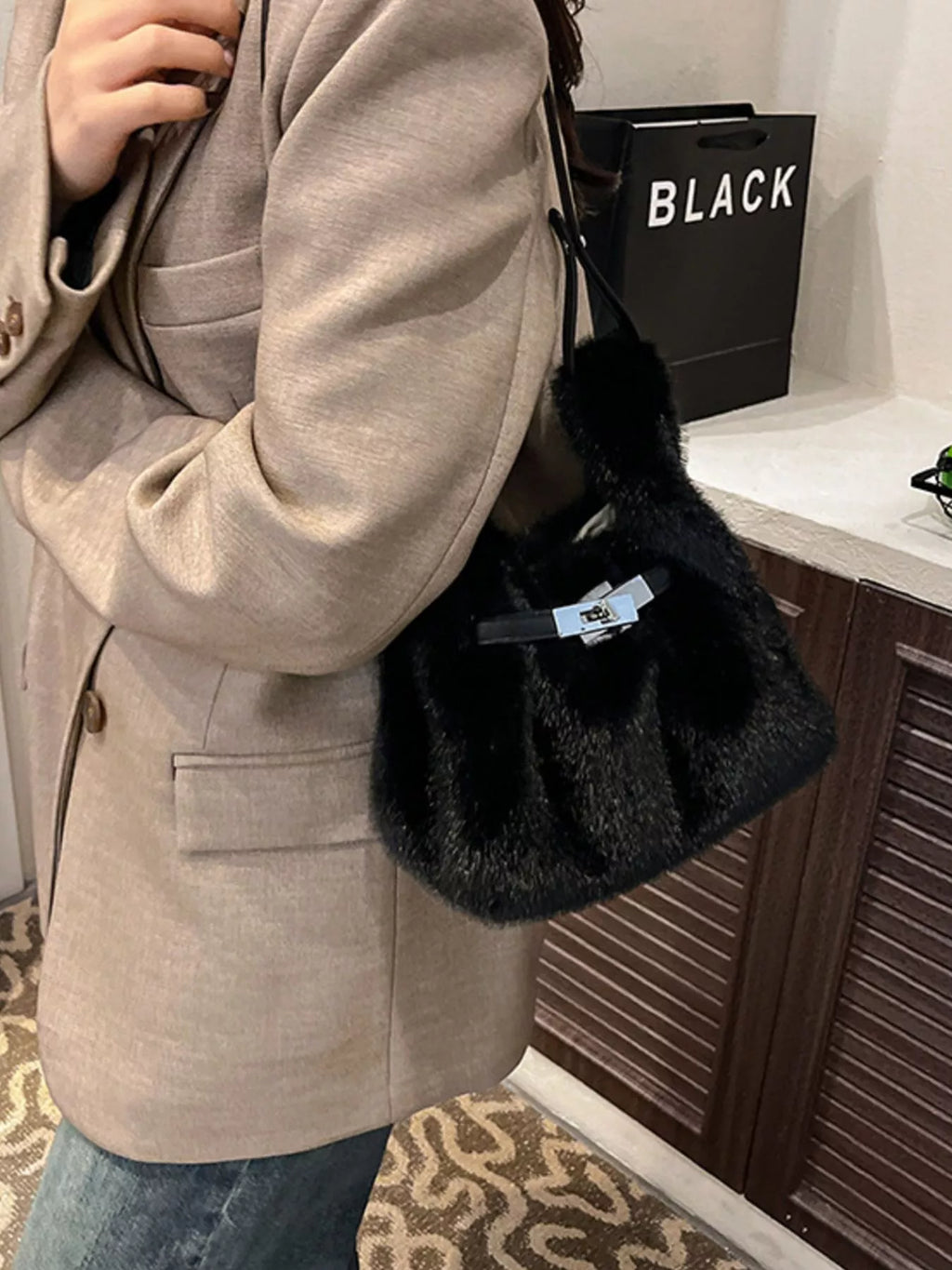 Faux Fur Bucket Crossbody Bag