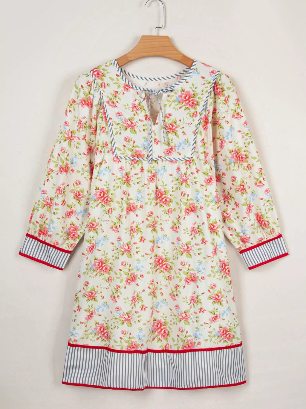 Striped Edge 3/4 Puff Sleeve Floral Dress