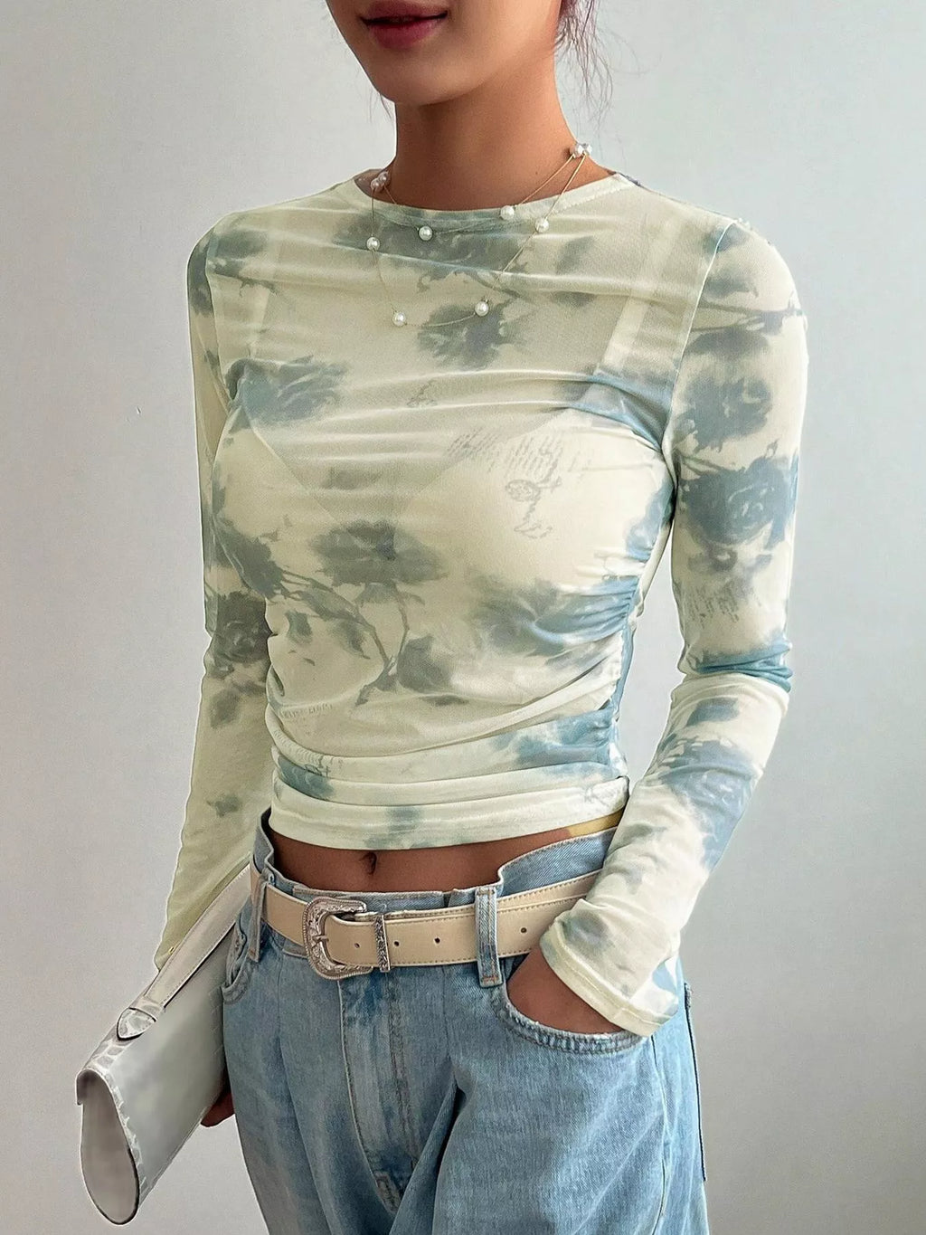 Floral Print Sheer Mesh Long Sleeve T-Shirt