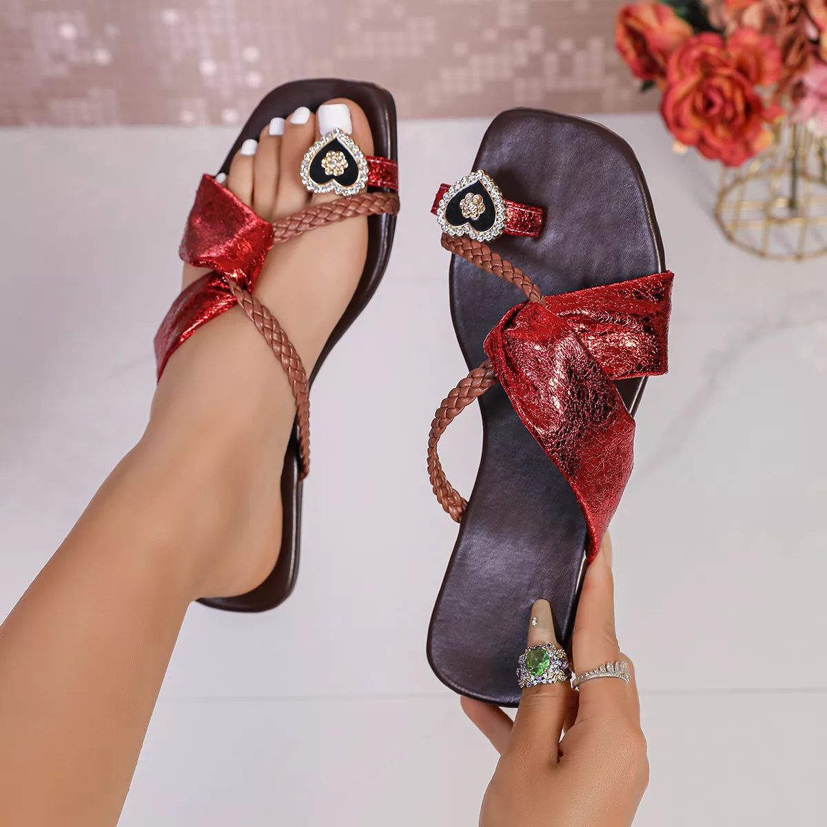 Braided Thong Sandals with Heart Decor