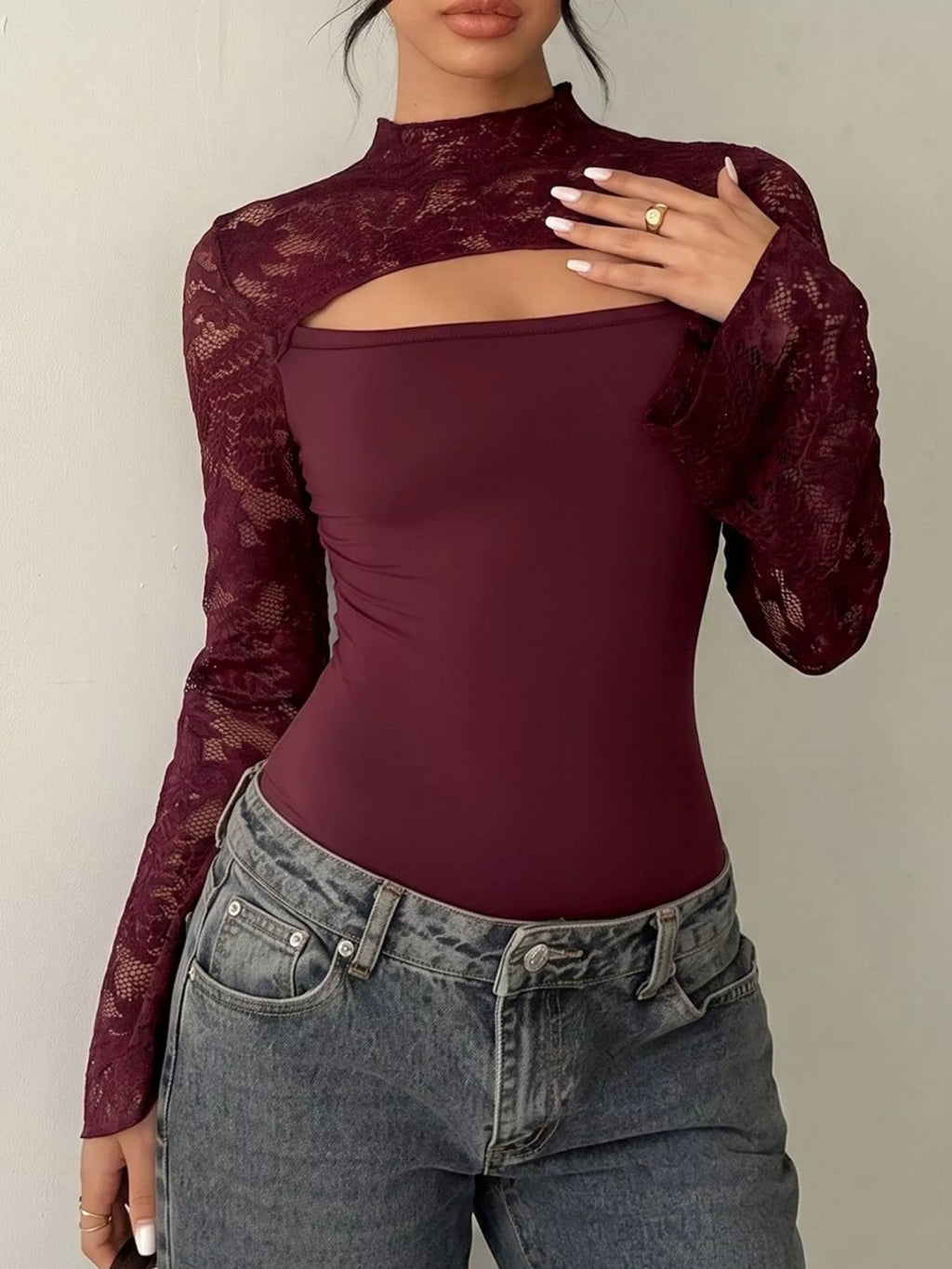Lace Cut-out Flare Sleeve Bodysuit