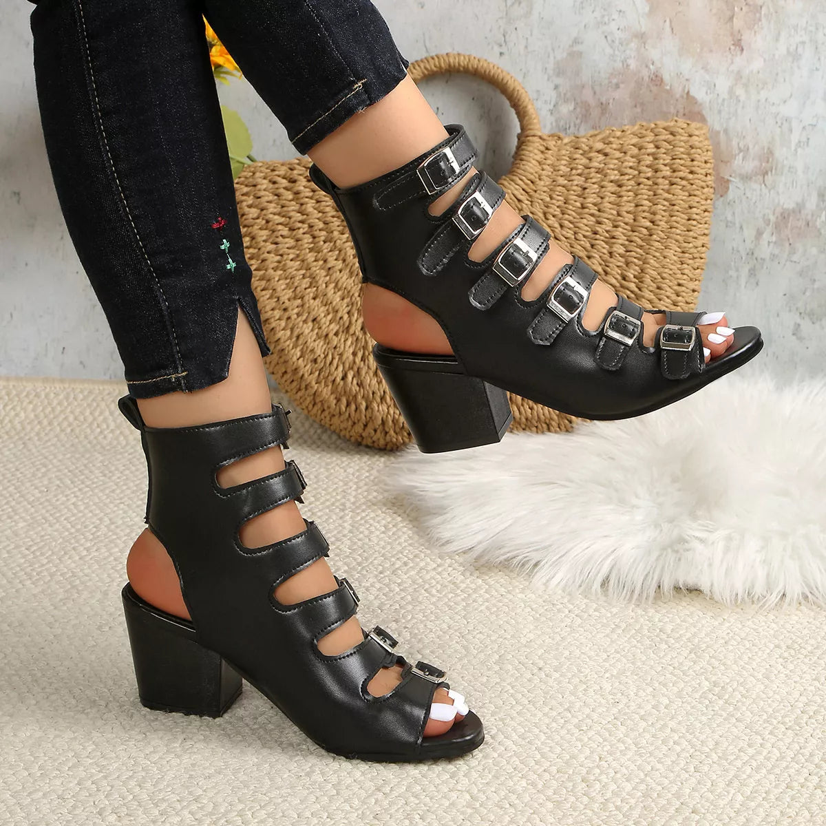 Buckle Block Heels Sandals