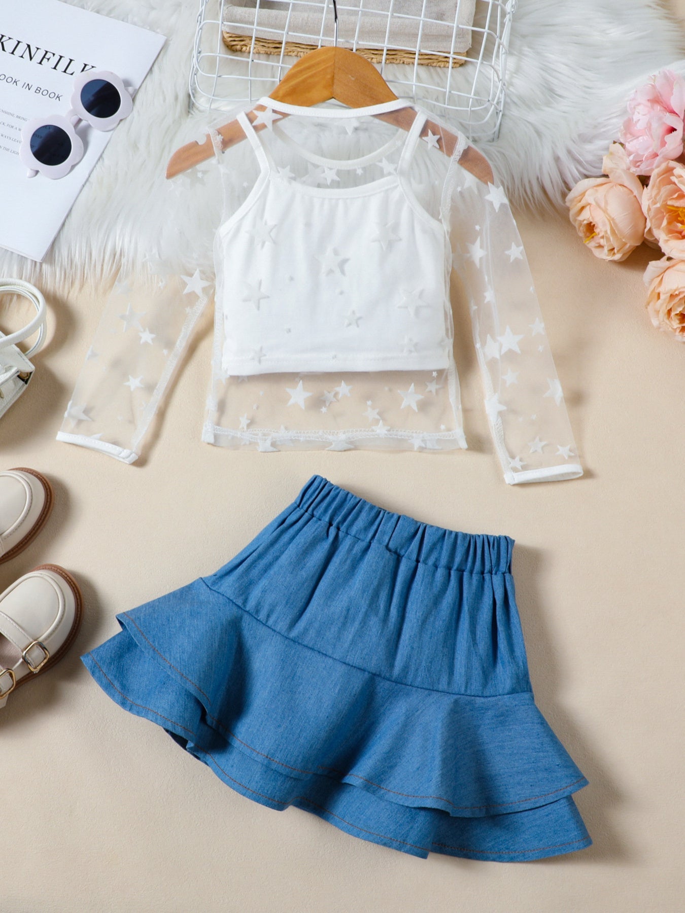 Children's Cami & Star Print Mesh Top & Ruffle Denim Skirt Set