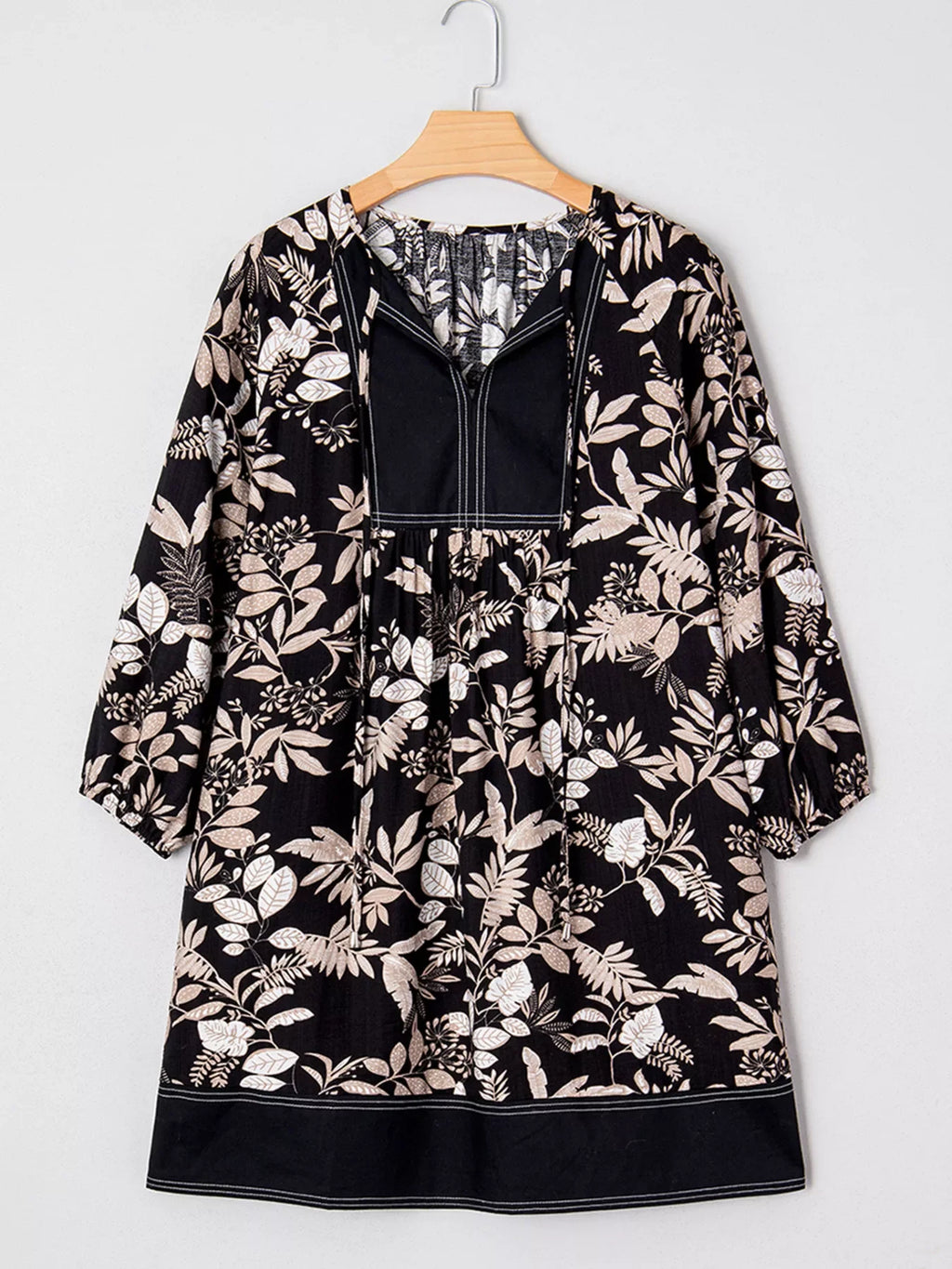 3/4 Sleeve Botanical Print Split Neck Loose Mini Dress