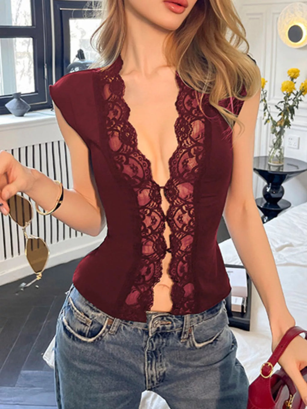 Lace Trim Button Front Vest