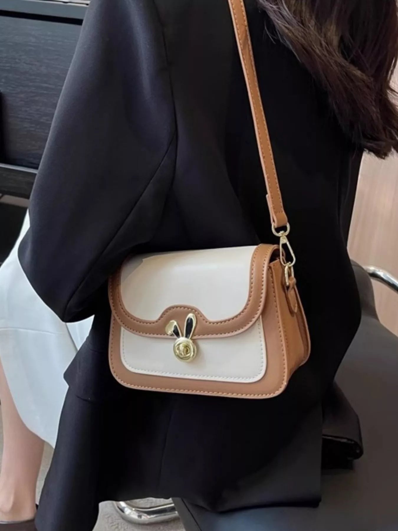 Rabbit Decor Color Block Flap Crossbody Bag