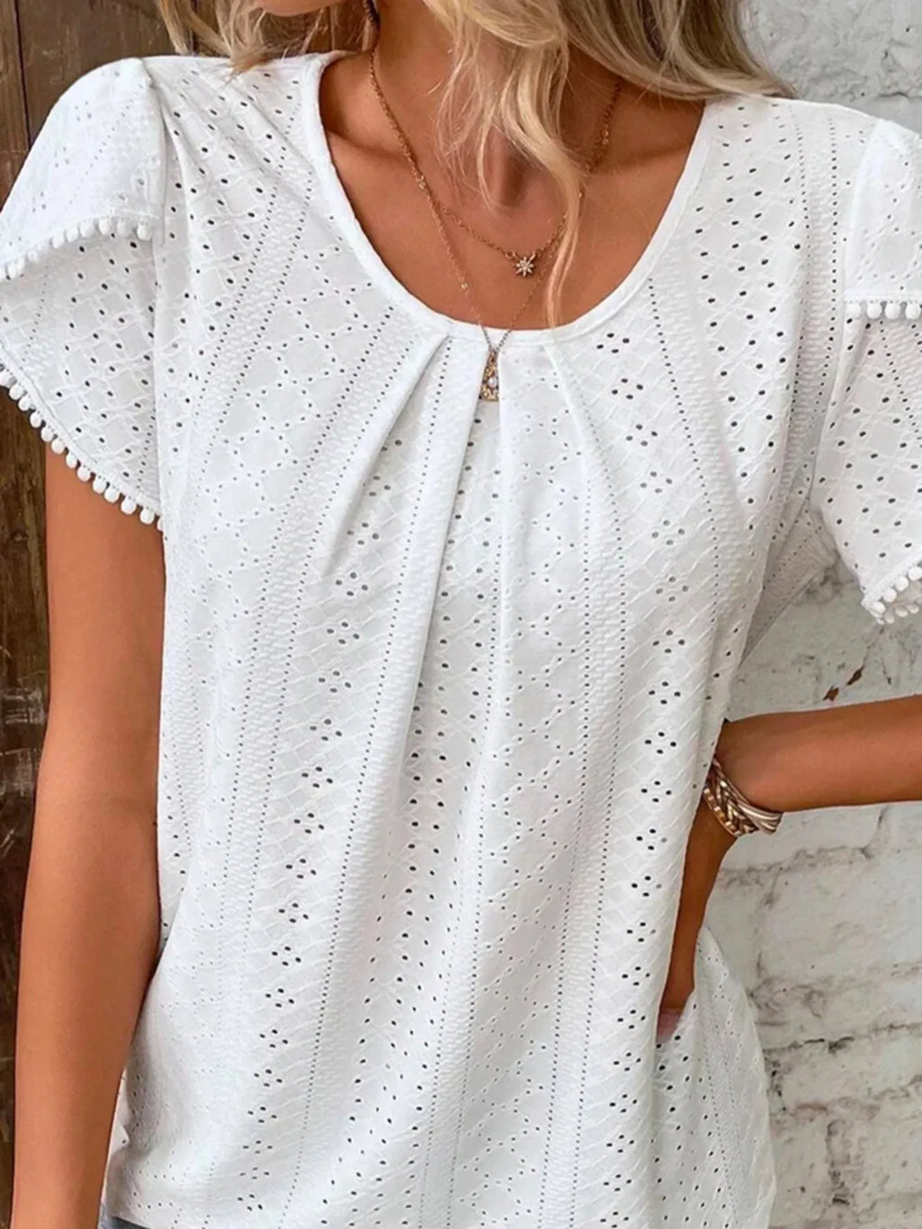 Eyelet Petal Sleeve Top with Pom Pom Trim