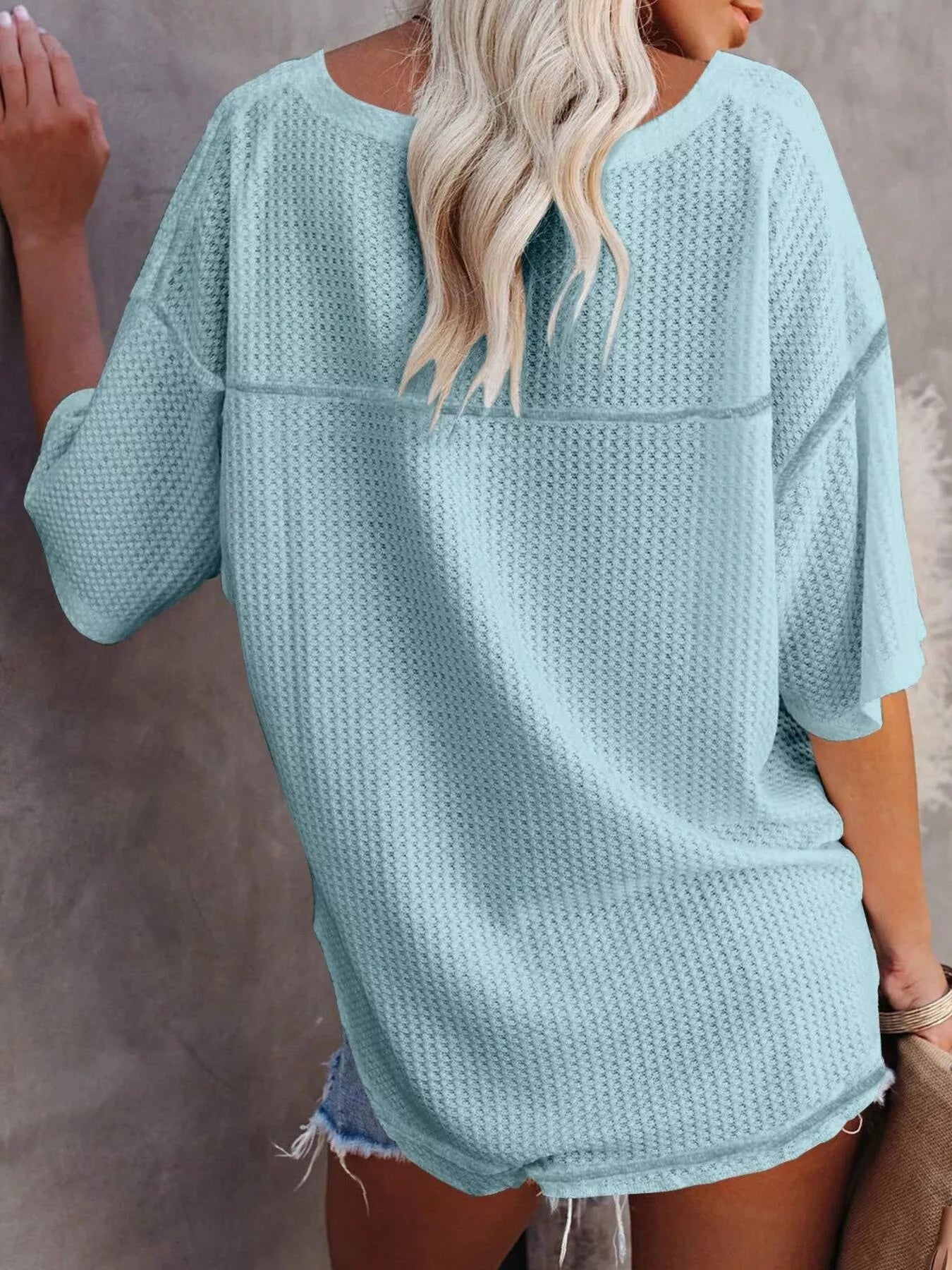 Waffle Knit V-Neck Short Sleeve T-Shirt