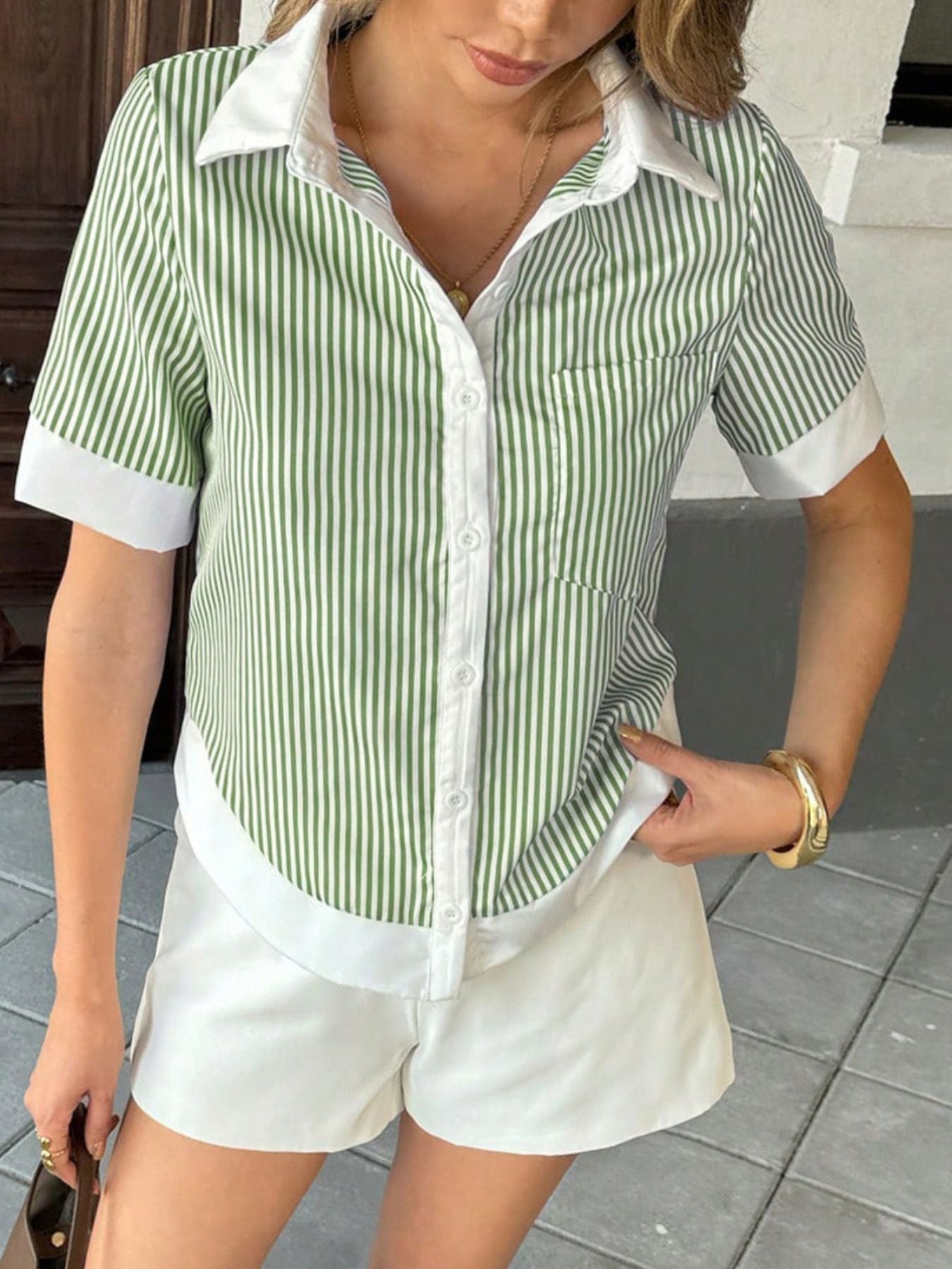 Striped Button-Down Short Sleeve Shirt