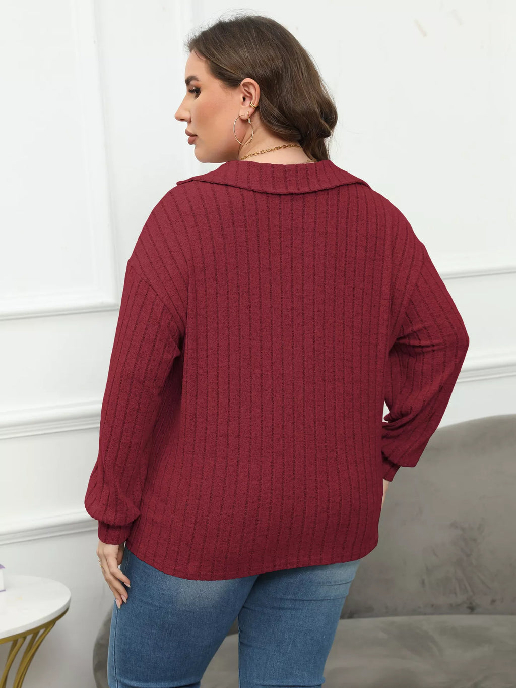 Plus Size Ribbed Knit Polo Collar T-Shirt