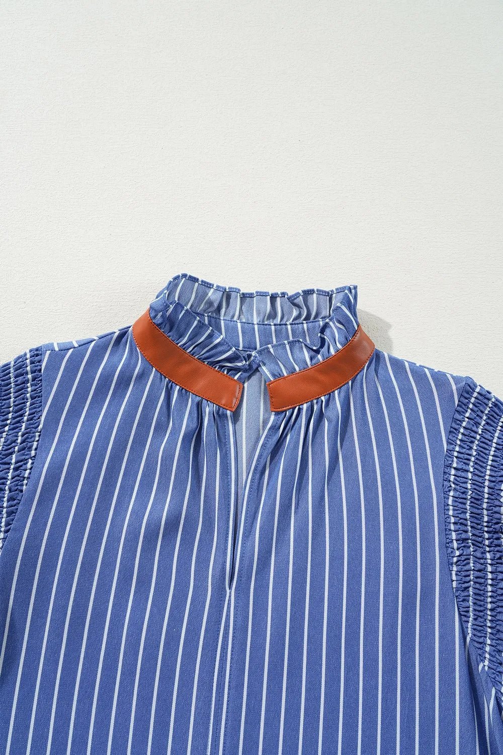 Stripe Frilly Split Neck Shirred Ruffle Sleeve Short Shift Dress