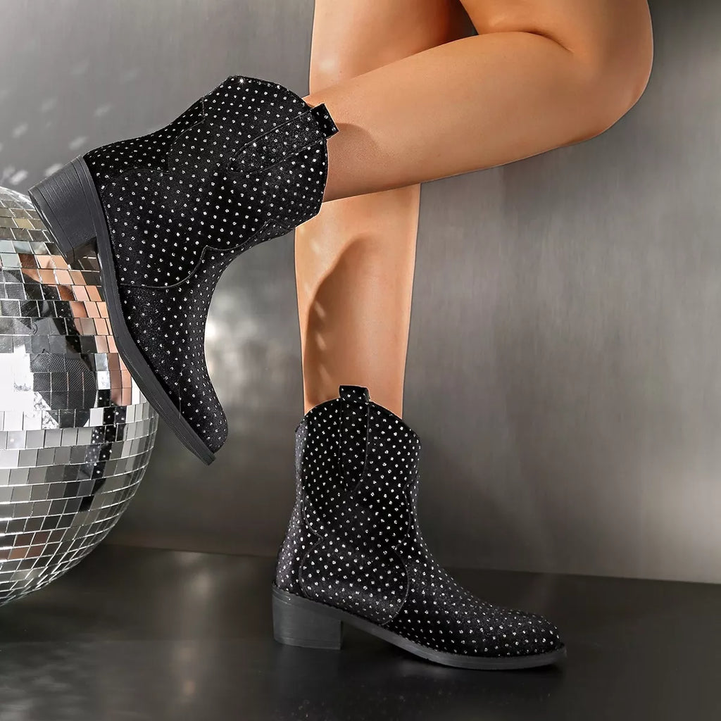 Sparkling Point Toe Block Heels Boots
