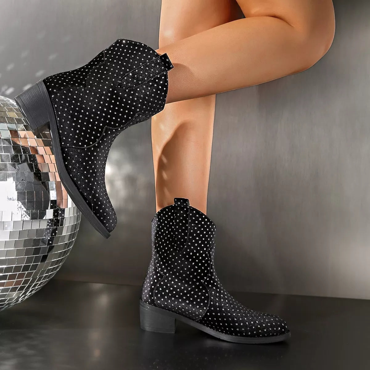 Sparkling Point Toe Block Heels Boots