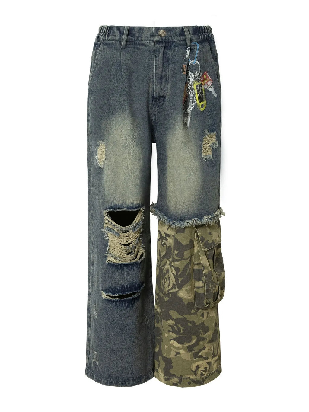 Men's Distressed Camouflage Patchwork Wide Leg Jeans